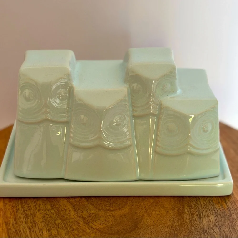 West Elm Owl Butter Dish Light Turquoise Blue